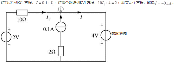 已知电路如图所示，其中，电流I等于（　　）。题80图